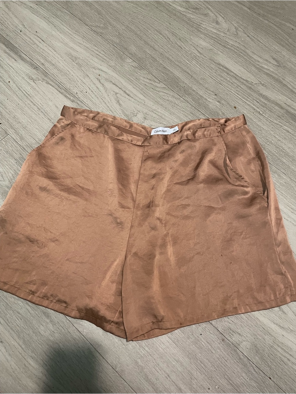 Calvin Klein High-Waist Satin Shorts in Copper Tan